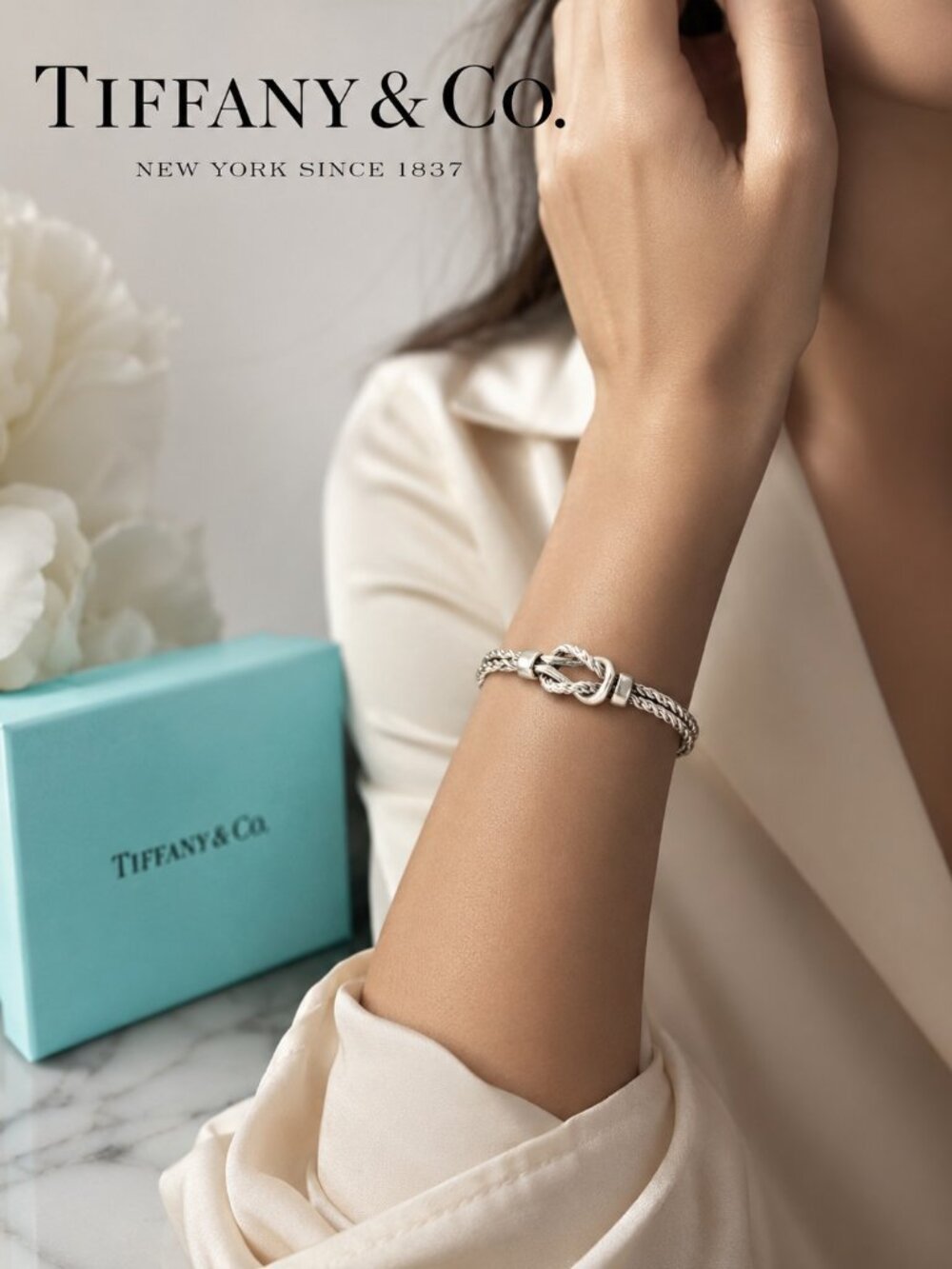 Tiffany & Co.  925 Italy Sterling Silver Love Knot Double Braided Rope Bracelet